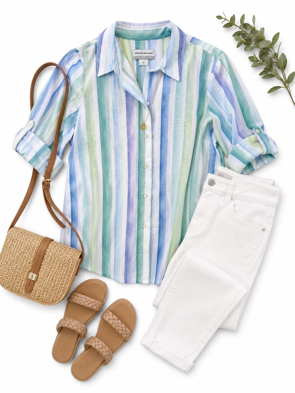 Alfred Dunner NWT Blue & Green Striped Button-Down Shirt petite small
